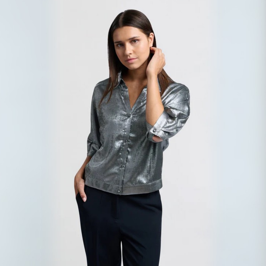 Yaya Metallic Dark Metal Grey Batwing Blouse