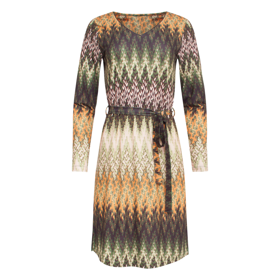 Smashed Lemon Green Multicolour Abstract Print Dress with a Waist Tie