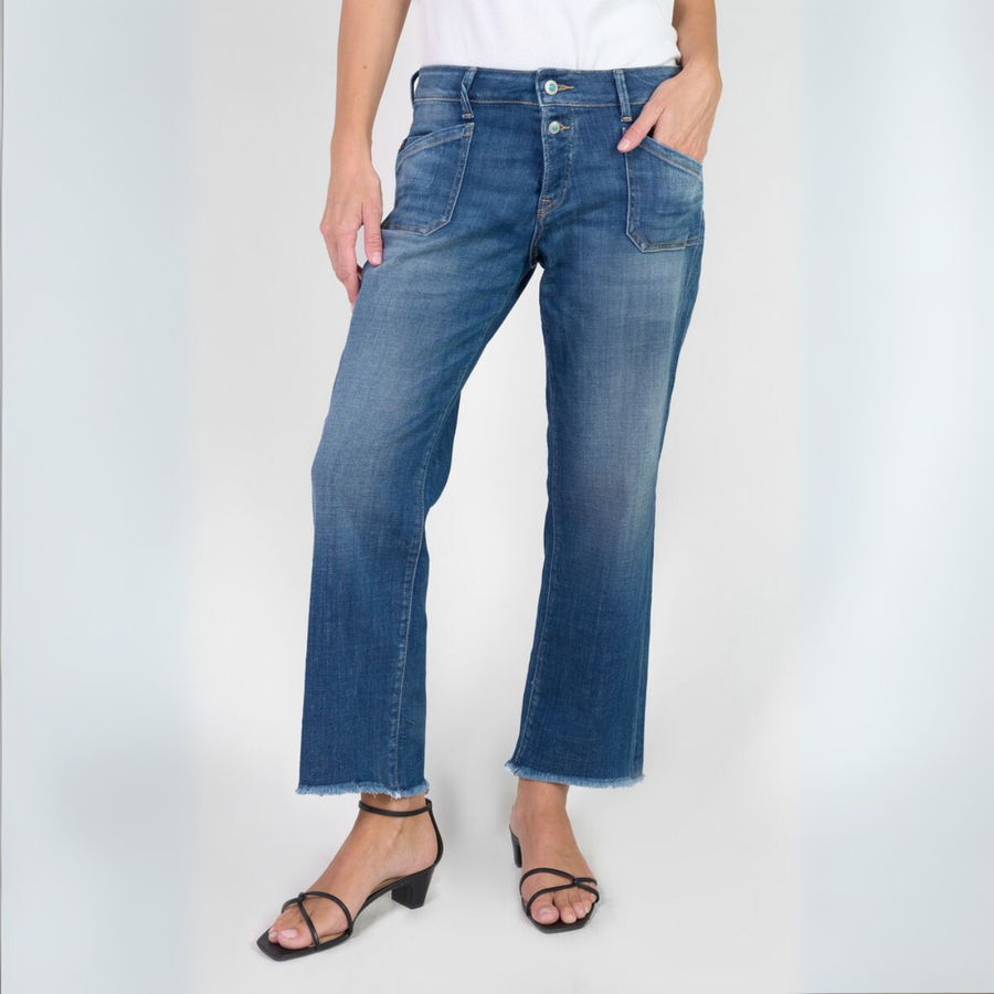 Le Temps Des Cerises Blue Priska Wide Leg Jean with Button & Hem Details