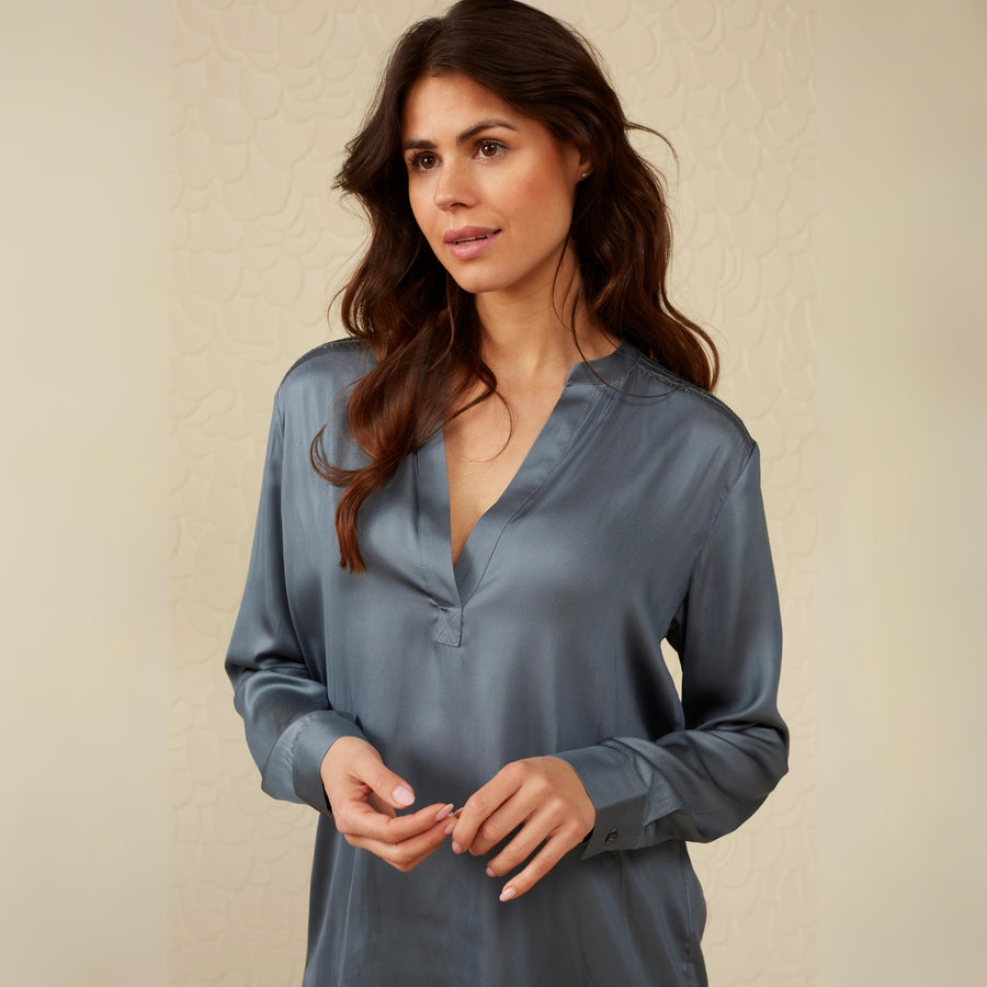 YAYA Satin V-Neck Top With Smock in Stormy Weather Blue