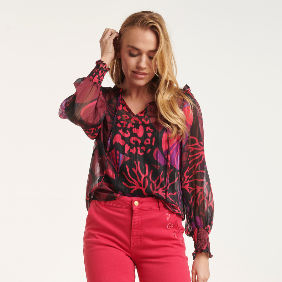 Smashed Lemon Pink & Black Multicolour Frill Detail Top