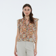 Andam Khaki Geometric Patterned Top with Frilly Neckline