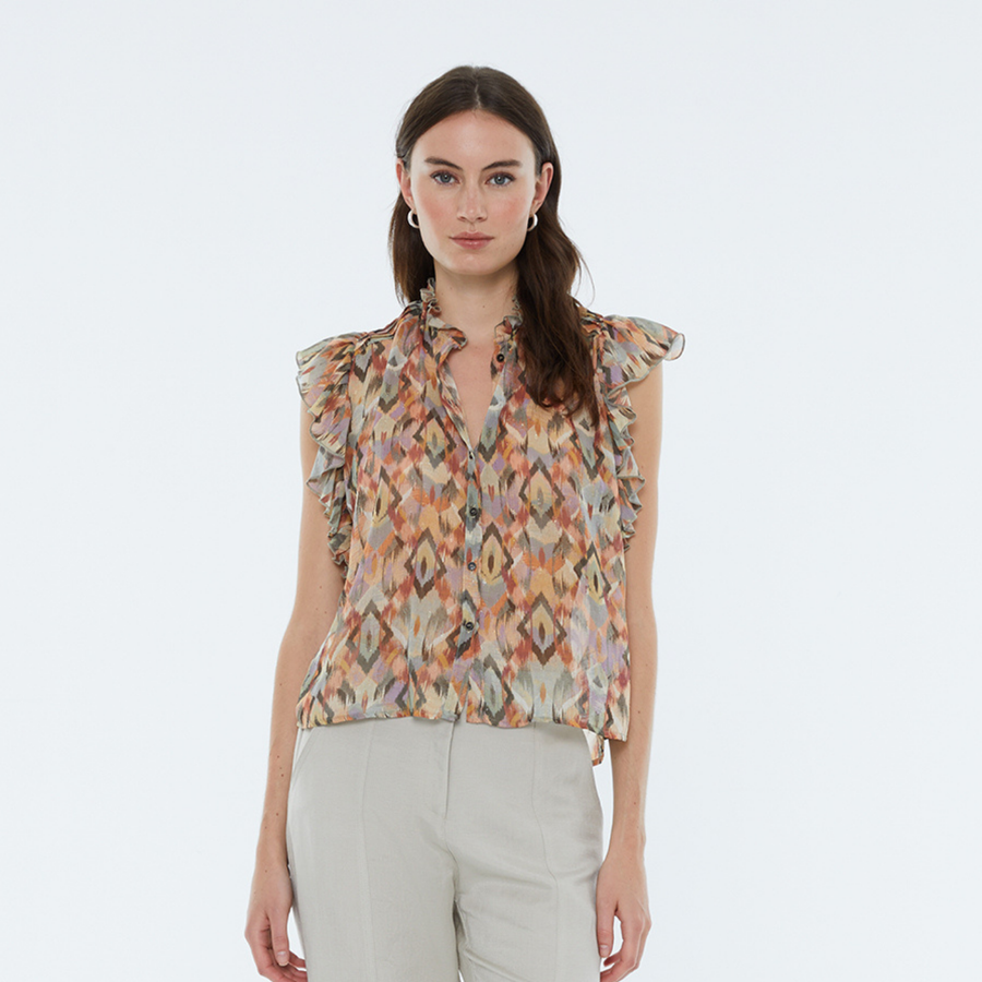 Andam Khaki Geometric Patterned Top with Frilly Neckline