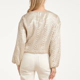 Smashed Lemon Off White Bomber Jacket with Snake Print and Metallic Sheen