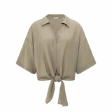 YAYA Seneca Rock Beige Knotted Crinkle Top