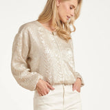 Smashed Lemon Off White Bomber Jacket with Snake Print and Metallic Sheen