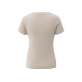 YAYA Sand Melange Rib Short Sleeve Sweater With Double Neckline