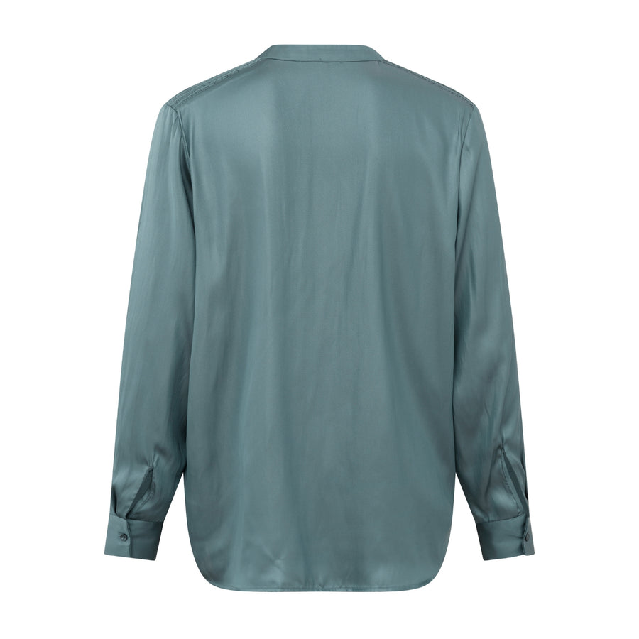 YAYA Satin V-Neck Top With Smock in Stormy Weather Blue